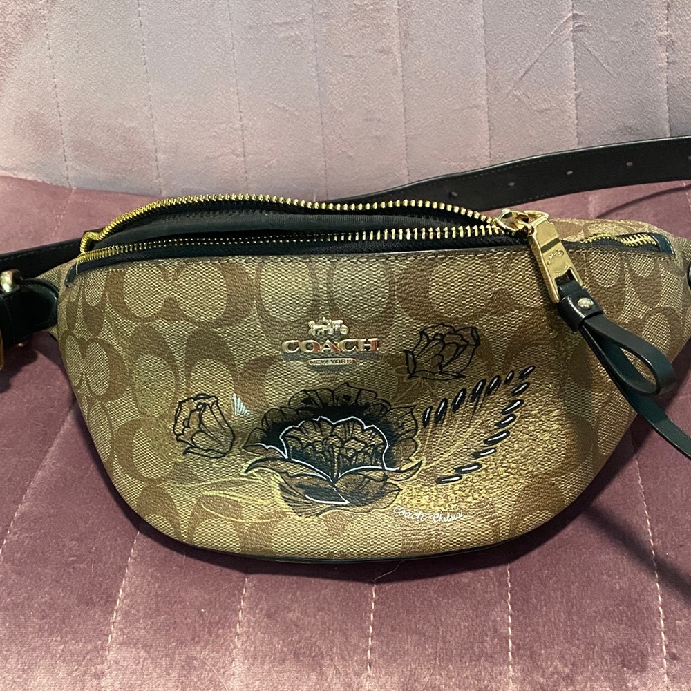 Coach Gold and Black Fanny pack Floral Crossbody Bag